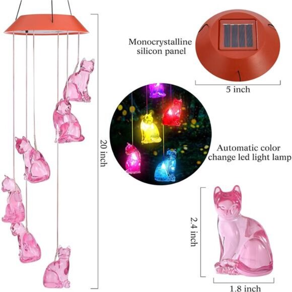 Cat Solar Wind Chimes Light,Solar Cat Wind Chimes Outside,Cat Solar Light Gifts - Picture 3 of 7